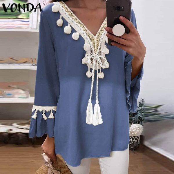 

vonda vintage printed shirts women blouse and 2020 autumn casual loose female nine quarter sleeve bohemian blusas plus size, White