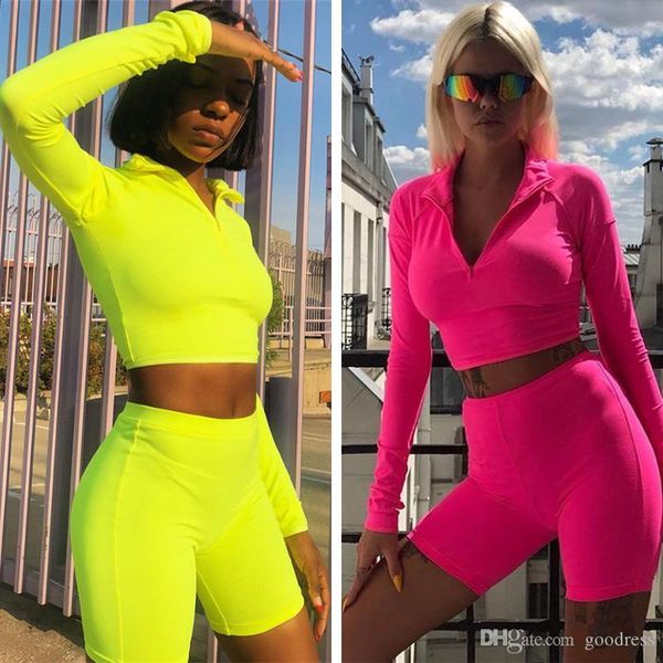 

women fluorescent color 2 two piece tracksuit long sleeve crop biker legging shorts outfits jogger sportswear neon green clothing, Gray