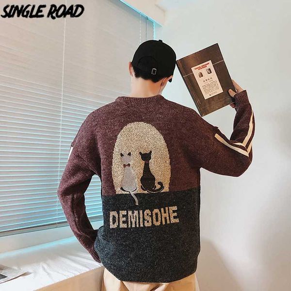 

singleroad oversized mens knitted sweater men 2020 winter cat patchwork harajuku hip hop sweaters korean pullover sweater men, White;black