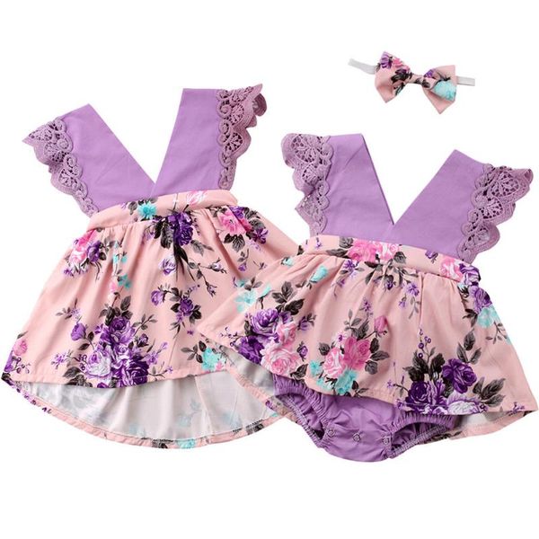 

2020 new toddler baby sister kids girl lace purple matching clothes dress bodysuit floral summer cute outfits, Blue