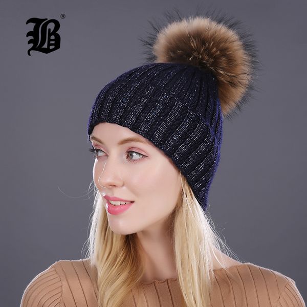 

flb] winter hat lady beanies cap girl fur pom poms and wool knitted rhinestone hat new gorros thick female hats for women cap, Blue;gray