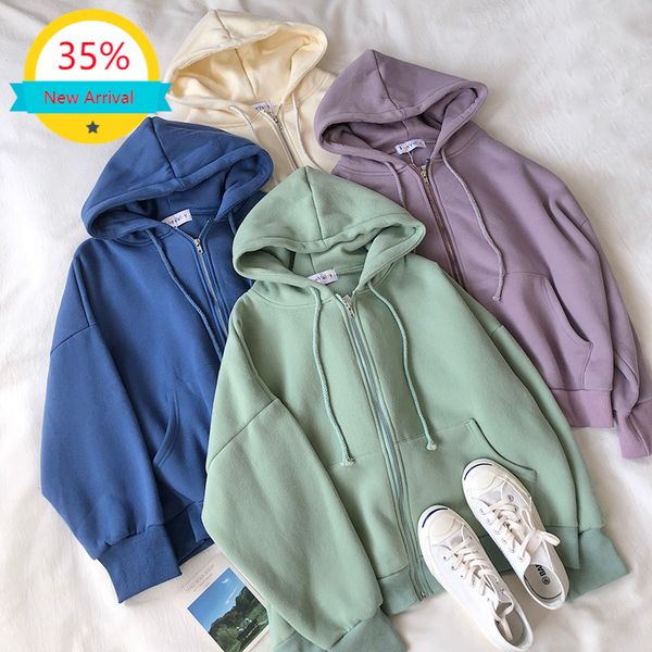 

hoodie winter and autumn thick warm plus velvet zipper hooded loose thin sweatshirt cute ice color women's hoodies & sweatshirts, Black