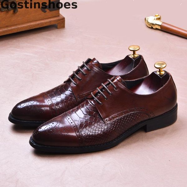 

men leather shoes luxury dress formal derby shoes for men cut out capped toe breathable snake skin printed cow leather, Black