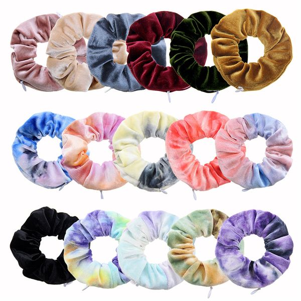 

women zipper scrunchies tie dye velvet pleuche scrunchy flannel zipper hair ties ropes elastic hair band holder girls ponytail pocket d91506, Slivery;white