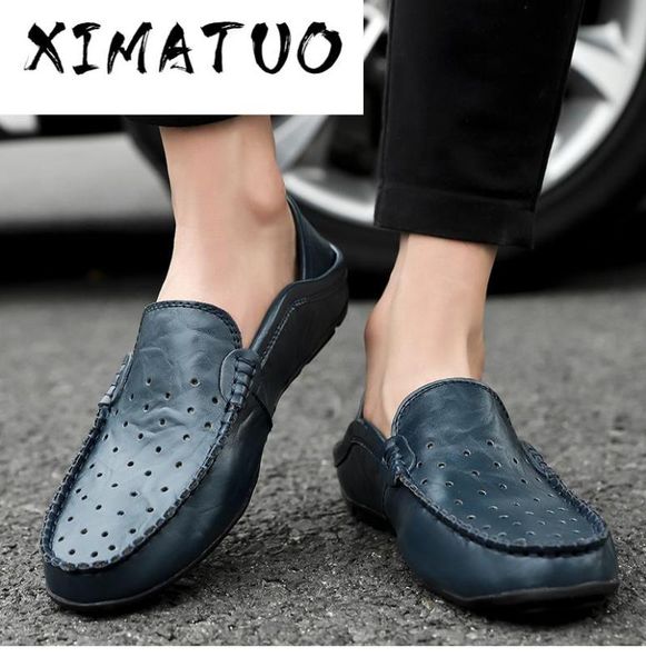 

2020 summer breathable genuine leather men shoes loafers male moccasins flats casual boat driver soft footwear driving, Black