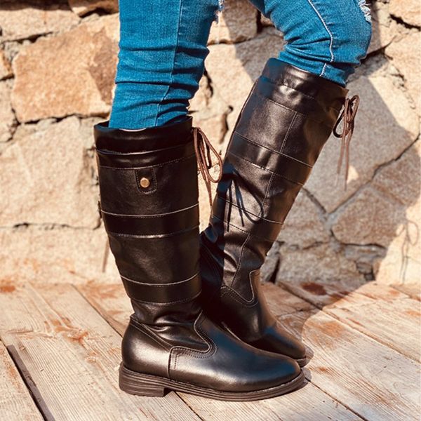 

new knee high boots women pu leather platform western riding long boots autumn winter lace up low heels punk ladies shoes, Black