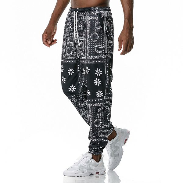 

men joggers pants hip hop streetwear paisley pattern 2020 autumn new casual men trousers drawstring fashion jogger pants mens, Black