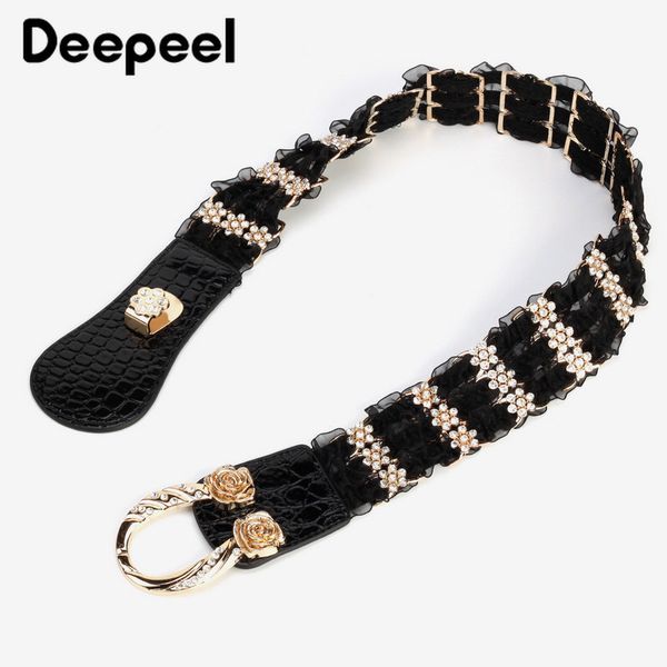 

deepeel 1pc 4.5*68/78cm women pu lace rhinestone patchwork cummerbunds alloy flower horseshoe buckle girdle for dress jeanscb641, Black;brown