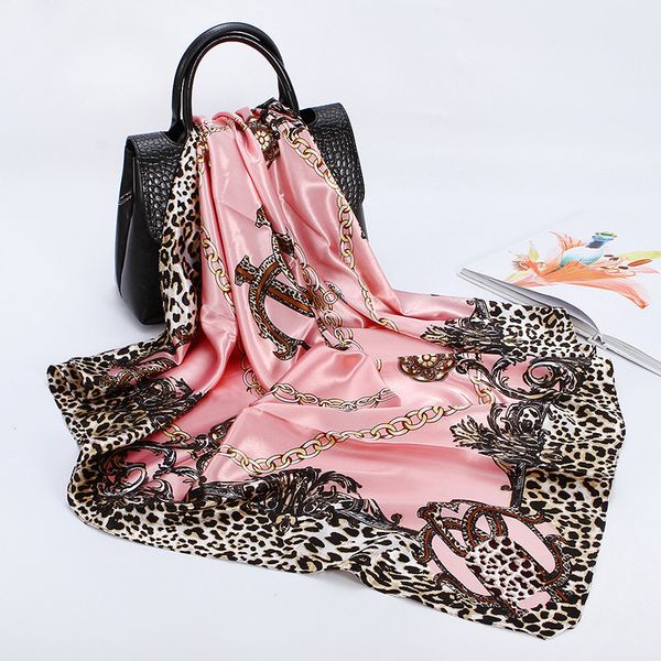 

scarves retro ladies silk scarf bandana fashion women printed hijab shawls leopard chain pattern large square warp 90*90cm, Blue;gray