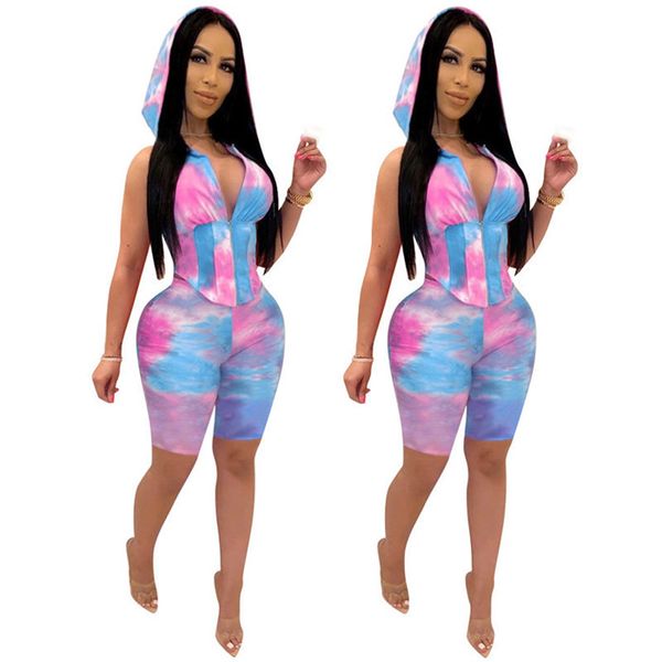 

sleeveless womens 2 piece set tie dye patchwork hooded slim tanks and pencil shorts pants fashion women outfit clothing, White