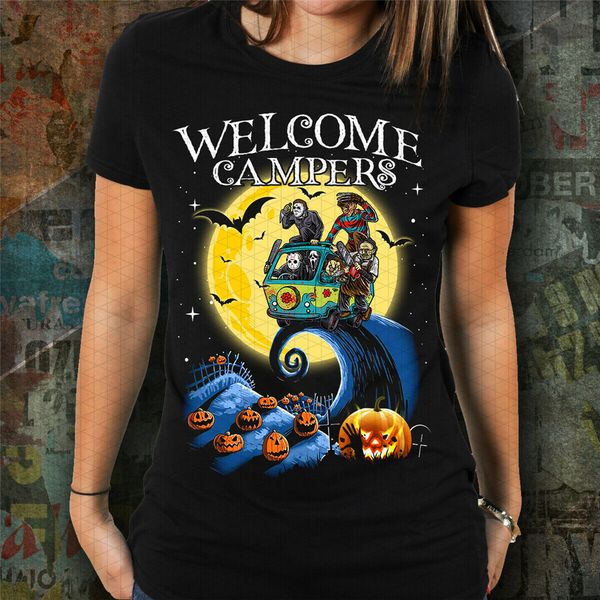 

welcome campers funny camping 80s horror t-shirt adults casual tee shirt