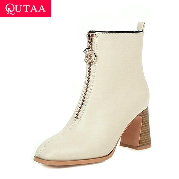 

boots qutaa 2021 ankle autumn winter square toe crystal zipper women shoes pu leather high heel short big size34-43, Black
