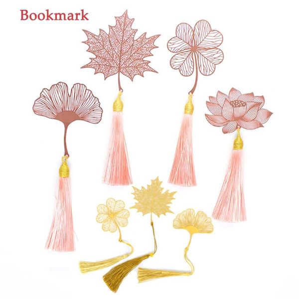

1 piece chinese style metal bookmark creative tassel leaf vein rose gold hollow fringed apricot leaf bookmark gift