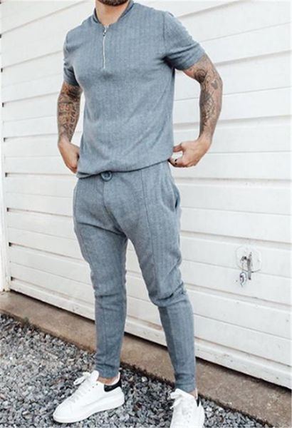 

o-образным вырезом casual mens конструктора костюмы лето комфортная solid color сыпучие high street sport fitness мужчины 2pcs, Gray