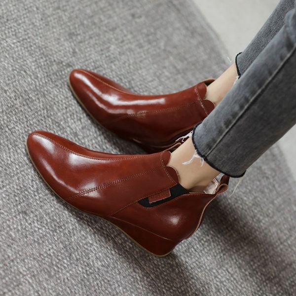 

new 2021 autumn women boots genuine leather wedges med heel black brown shoes woman casual ankle boots mom's shoes size 34-40