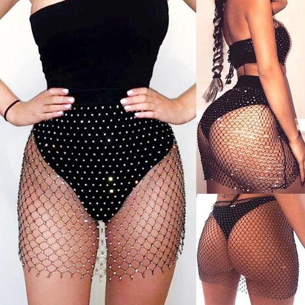 

skirts women hollow out rhinestone mini fishnet skirt mesh party wear straight exotic, Black