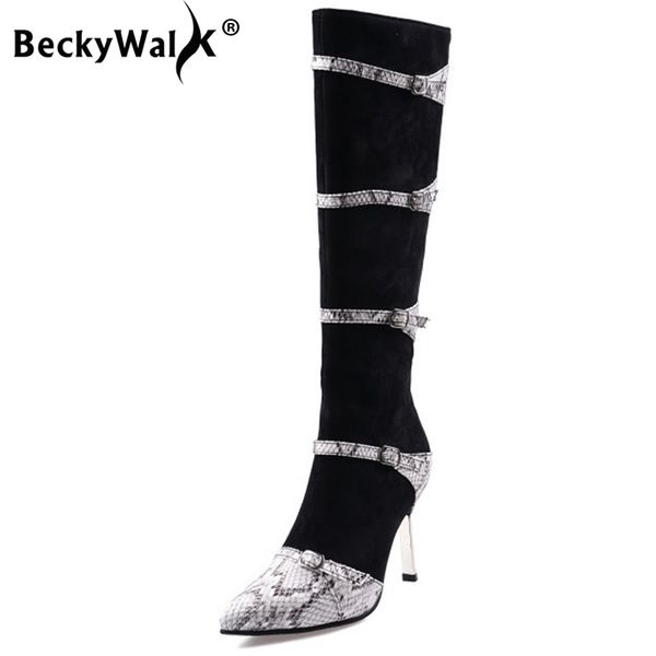 

new fashion women stiletto high heels gladiator boots pointed toe knee high boots new fashion patchwork lady dress shoe wsh3465, Black