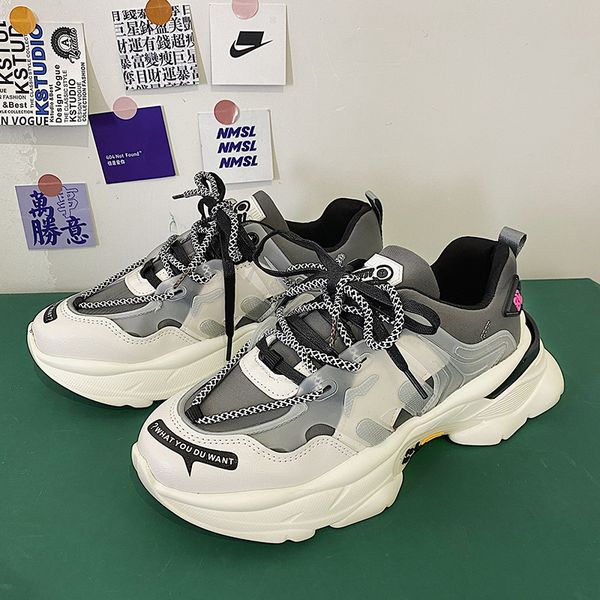 

ins sneakers women trendy chunky dad shoe laces platform shoes height increasing sneakers footwear fashion shoes dropshpping, Black