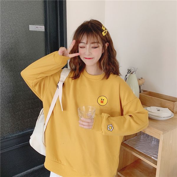

brand women hoodies autumn winter kpop fashion cartoon kawaii embroidery loose plussize xl long sleeve clothing thin, Black