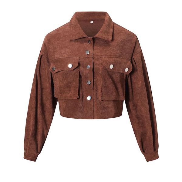 

women's jackets cawa fashion turn down collar jacket coat outerwear women lantern sleeve pocket design button short corduroy, Black;brown