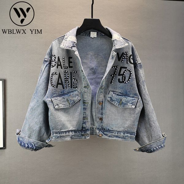 

women's jackets street style short denim jacket women fashion letter print rhinestone jeans loose long sleeve harajuku coat, Black;brown