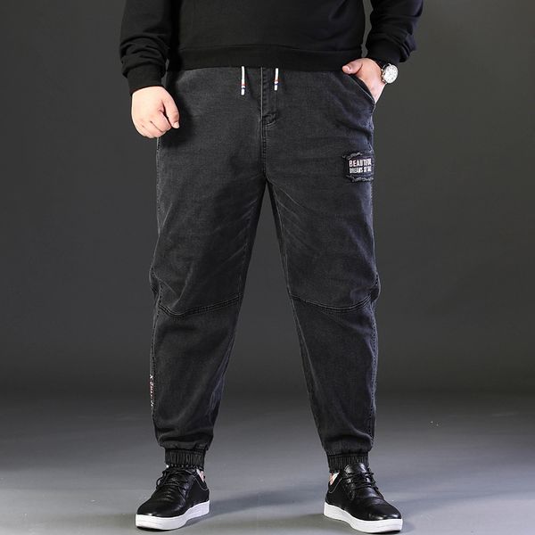 

autumn new men's high waist loose plus size jeans and jeans ankle-binding casual fat black gray cropped pants f8q5p, Blue