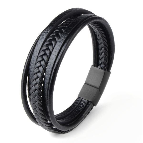 

braided genuine leather men bangle stainless steel magnetic buckle wristband bracelet for men male jewelry, Golden;silver