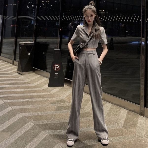 

autumn костюм женский пупок отворотом короткий pantstop случайные брюки рукав элегантный маленький костюм топ плед свободные случайные штаны, Gray