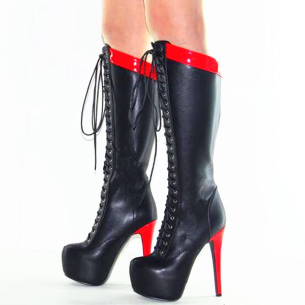 

shofoo shoes, elegant beautiful women's shoes , black pu leather, lace, red heel,about 14.5 cm high heel boots. size:34-45
