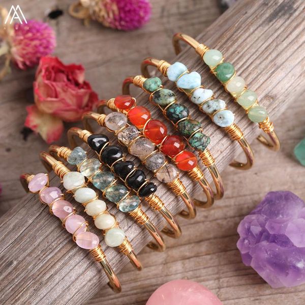 

charm bracelets gold copper wire wrap natural aventurines black rutilated quartz chip beads open cuff bangles bracelet jewelry for women, Golden;silver