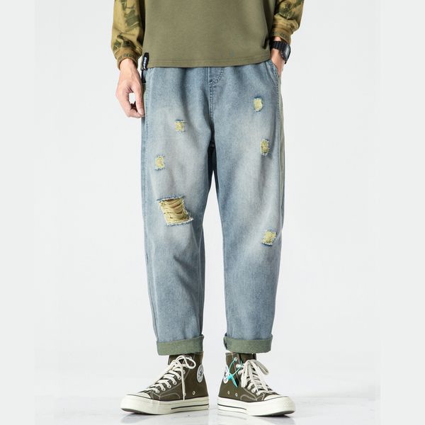 

casual men's jeans 2020 new fashion men sweatpant hip hop frayed trousers man streetwear jeans denim pants, Blue
