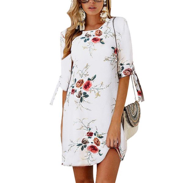 

2020 summer new women fashion three quarter sleeve o neck floral printed casual chiffon dresses vestidos plus size, Black;gray