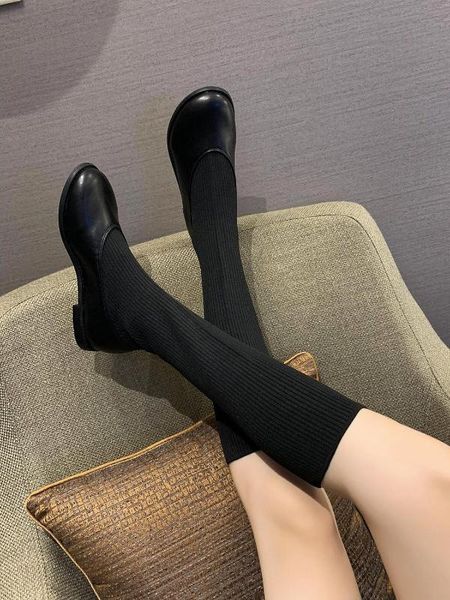 

shoes fashion boots woman low heels booties round toe booties ladies punk over-the-knee med rubber slip-on retro mary, Black