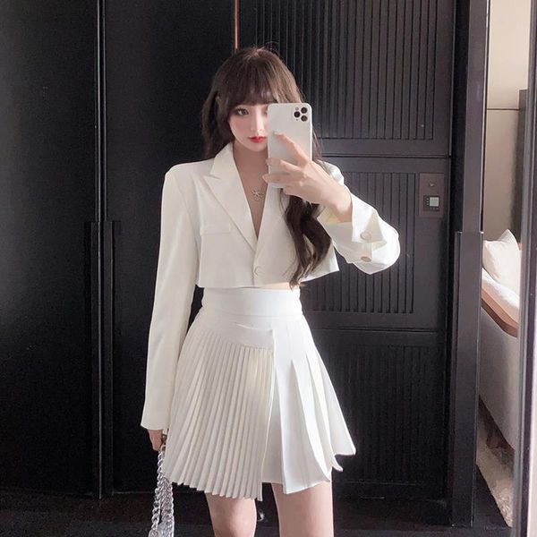 

women's tracksuits women 2021 spring autumn two piece skirt set female fashion pleated mini and short jackets casual 2 pieces suits y87, Gray