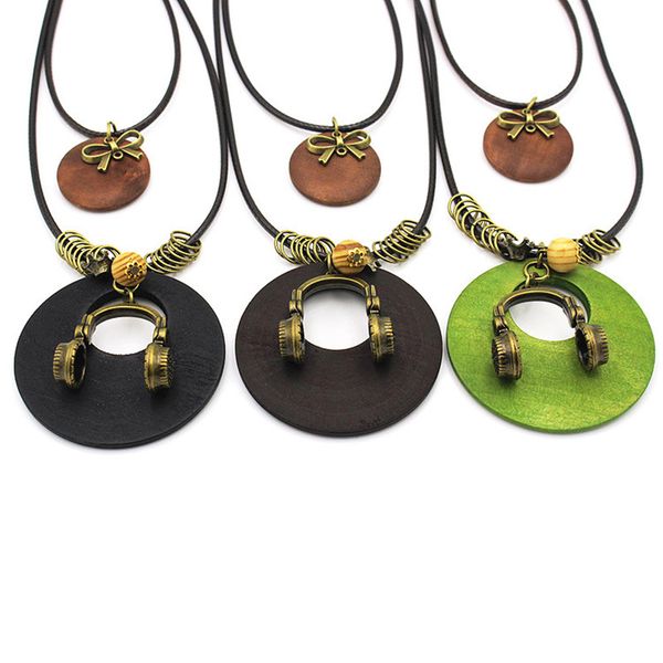 

vintage ethnic style wooden round headset pendant necklace for women sweater chain long necklaces charm jewelry gift, Silver