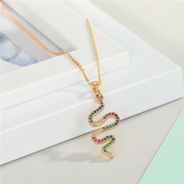 

zircon rainbow snake pendant necklace for womens gift jewelry metal rhinestone bohemian colorful animal necklace clavicle chain, Silver