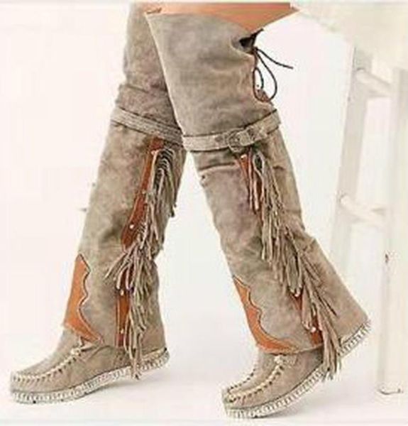 

women over knee high boots flats autumn winter warm flat shoes vintage tassels deco gladiator booties woman mujer zapatos d1927, Black