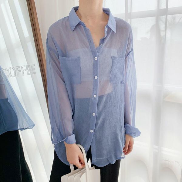 

summer breathable casual chiffon blue button shirt women long sleeve girls pleated sun shade transparent see through shirt, White