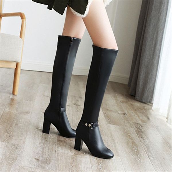 

boots pxelena autumn winter women knee high riding knight chunky block heels rivet zip black brown fashion shoes large size 43