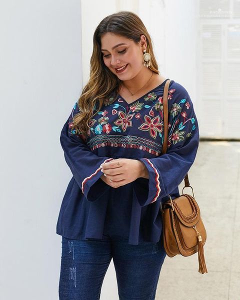 

plus size long sleeve v neck casual style womens clothing womens floral print vintage shirt xl to 4xl, White