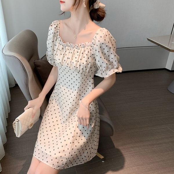 

bubble sleeve square collar dress slimming one-line shoulder chiffon dress platycodon grandiflorum 2020 korean style female summer little tn, Black;gray