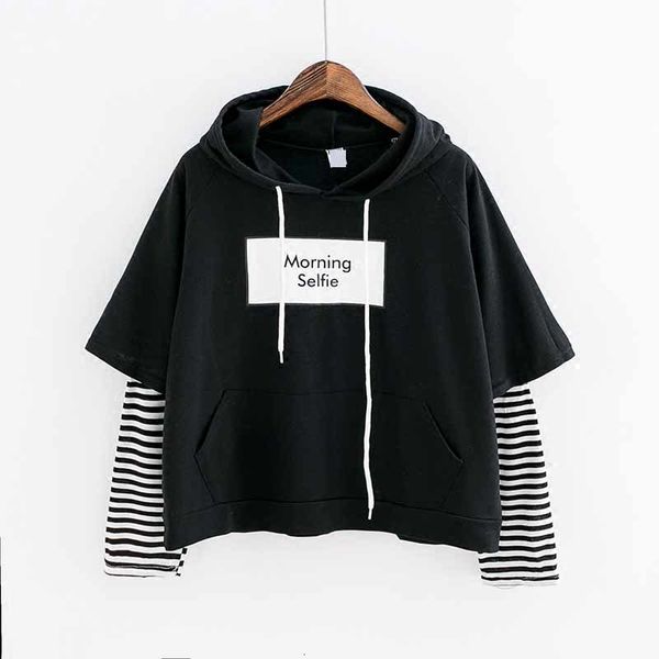 

2020 new autumn women sweatshirt fashion striped sleeve patchwork casual hoodies cotton spring kpop harajuku exo clothes, Black
