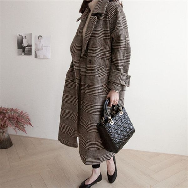 

chic thick plaid elegant coat woolen streetwear warm windbreaker 2020 new women trench fashion long female plus size overcoat, Black