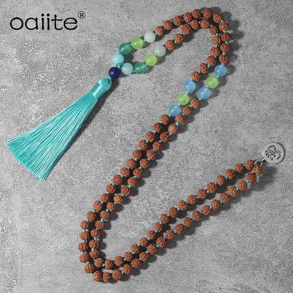 

pendant necklaces oaiite 108 rudraksha necklace hand knotted meditation yoga with green tassel women men jewelry, Silver