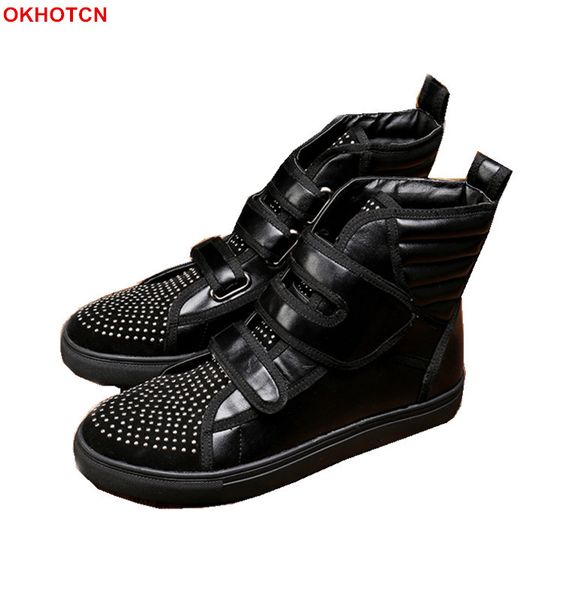 

fashion leather boots men round toe crystal winter leather men waterproof rubber snow boots patchwork rhinestone botines, Black