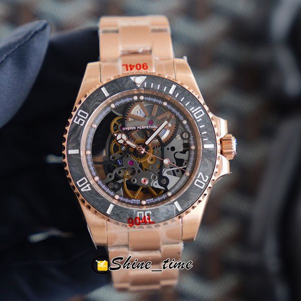 

new 40mm skeleton dial miyota automatic mens watch 116610 97200 carbon fiber bezel rose gold case 904l steel bracelet sport designer watches, Slivery;brown