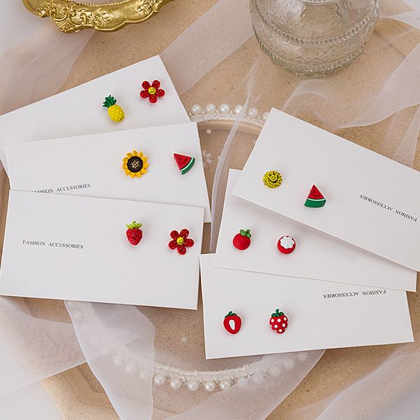 

s925 summer asymmetrical fruit earrings strawberry watermelon pineapple flower smiling face earrings allergy resistant earring, Golden;silver