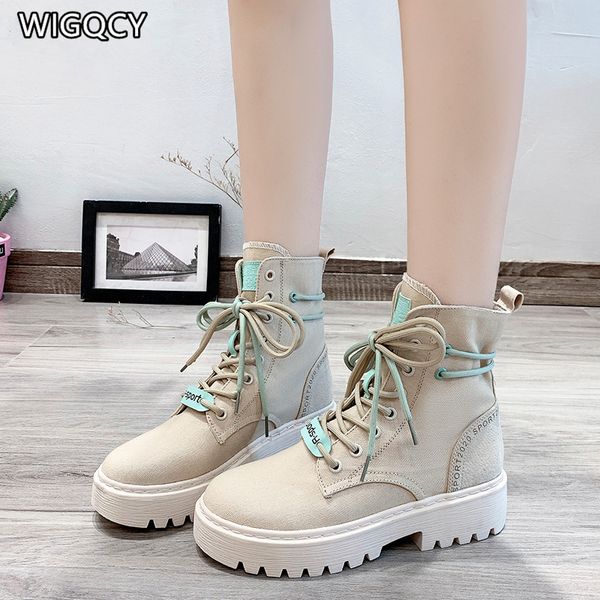 

2020 autumn new women's thick-soled round toe lace-up skinny short boots fashion single boots botas de mujer w30, Black
