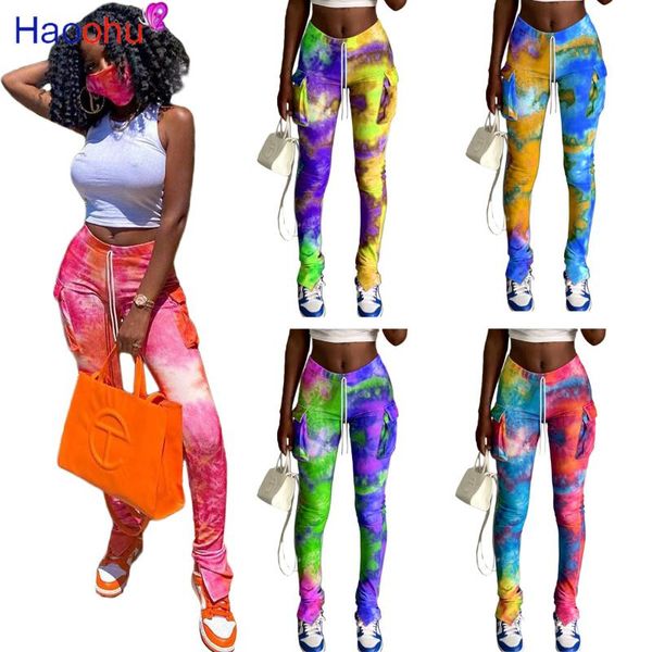 

haoohu sports tie dye print women pants with pocket safari high waist slit trousers draped jogger sweatpants, Black;white