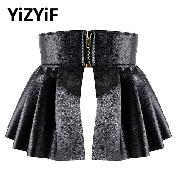 

pleated skirts belts garters wide belts for women pu leather elastic waistband elegant lotus leaf high waist belt girdle female, Black;brown